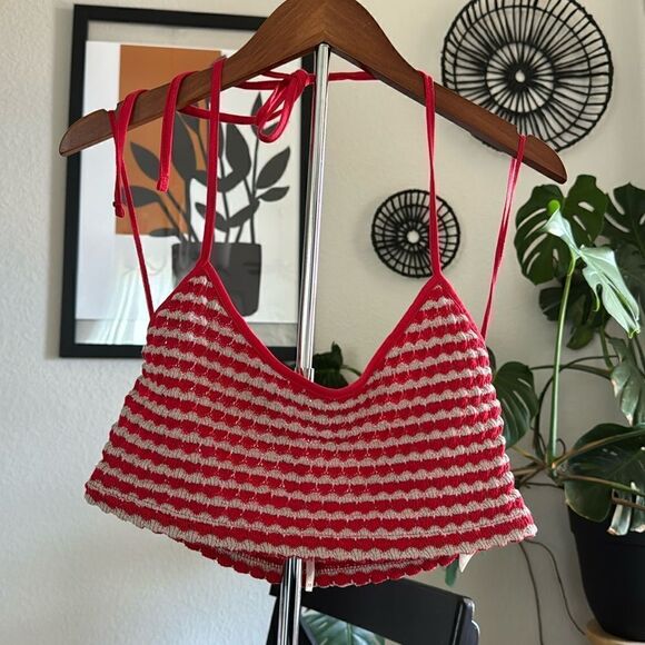 NWOT Free People Halter Top Cropped XS Artsy Streetwear Scoop Neck Red Striped - Picture 1 of 12